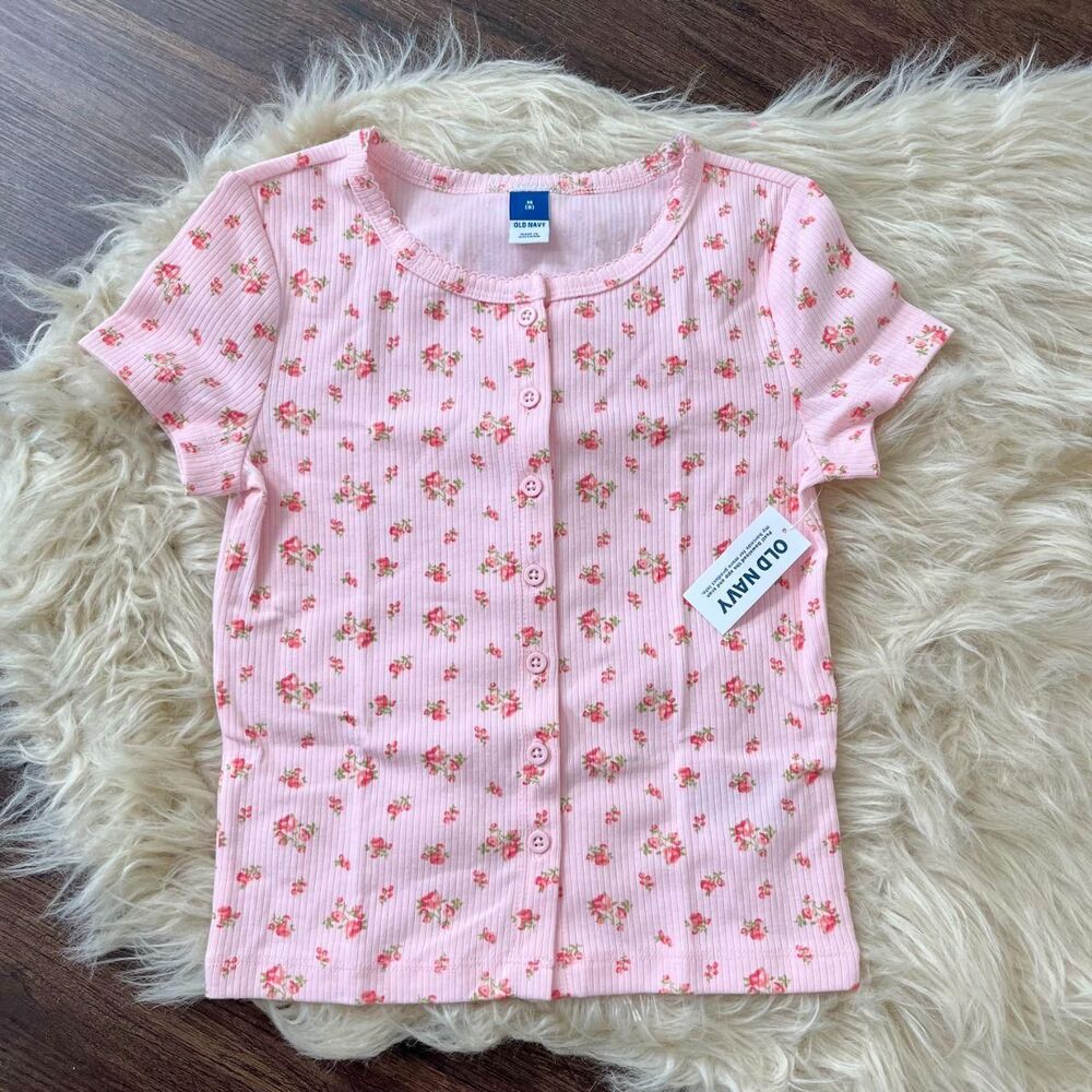 NWT pink ditsy floral ribbed button-front top T-Shirt Size 8 M
